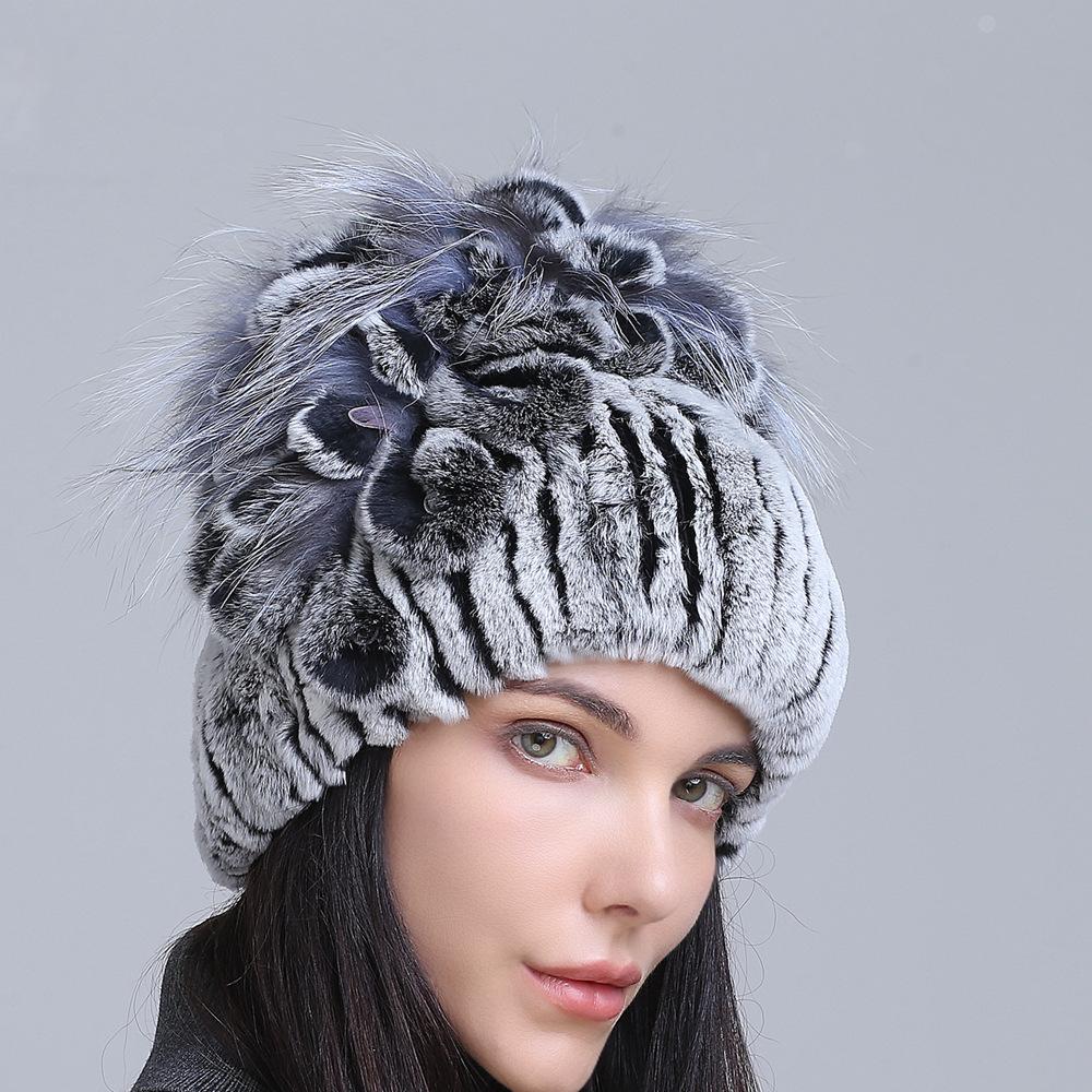 Winter Women's Warm Fashion Thick Wool Hat Rex Rabbit Fur Hat Knitted with Side Flower Hat