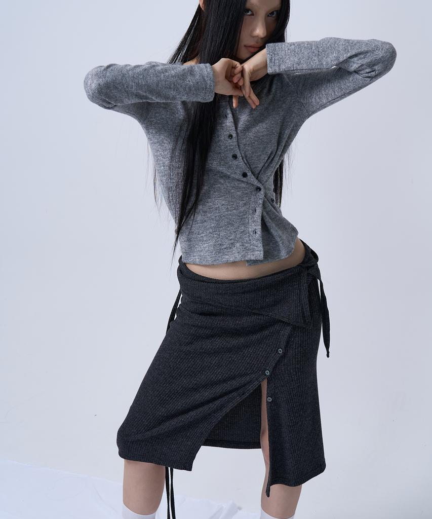 G Museum Layerable Button Wrap Skirt (Melange Charcoal)