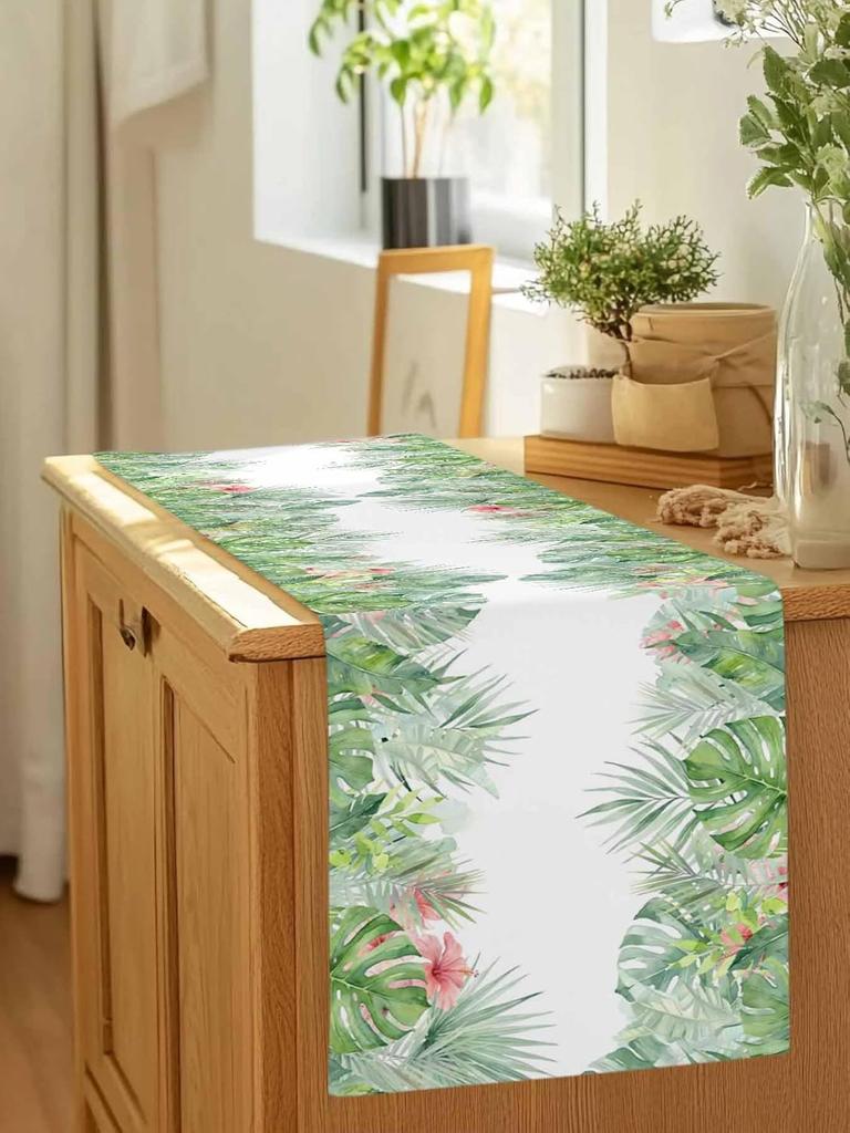 Summer Tropical Monstera Leaf Linen Table Runner Holiday Party Decor Reusable Kitchen Dining Table Runner Wedding Decorations