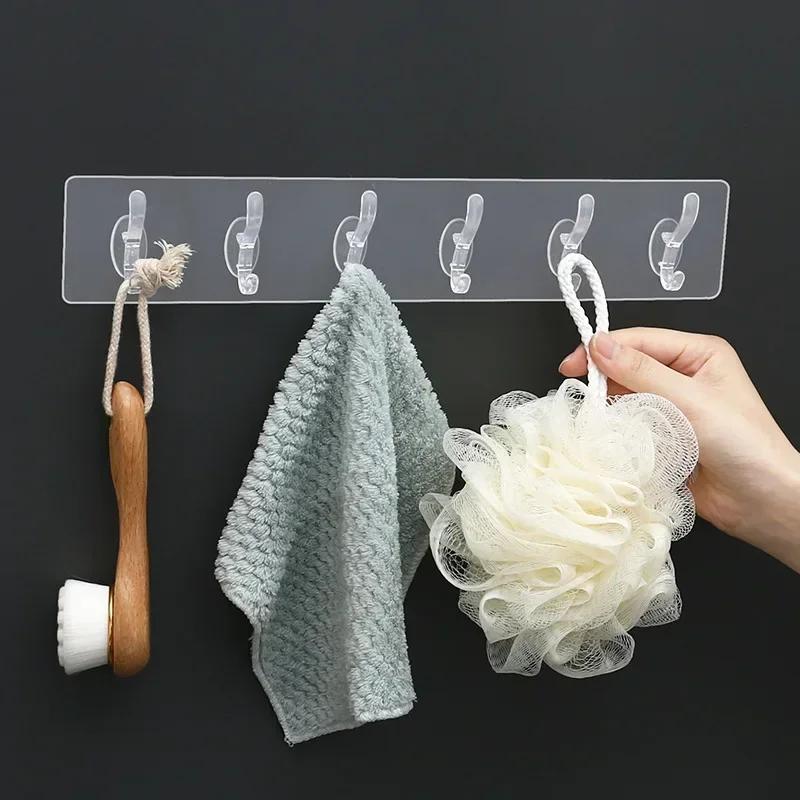 6Row Strong Self Adhesive Wall Hooks Nail-free Transparent Multipurpose Holder for Kitchen Bathroom Traceless Hanger Stickers