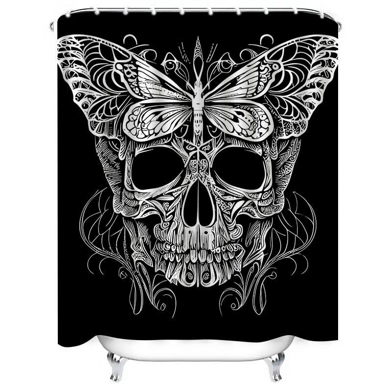 Tuniu Black Skull Lace Floral Pattern Bathroom Curtain Gothic Decor Bedroom Shower Curtain