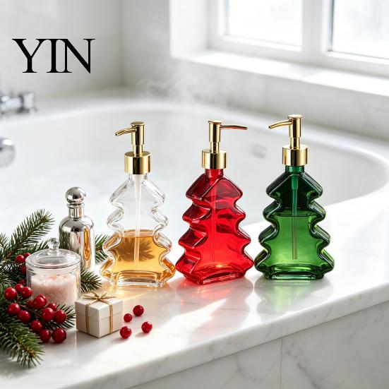 Sağlam Cam Sabunluk 300ml Yılbaşı Ağacı Şekilli Dispenser, Pompalı El Sabunluğu, Sabun İçin Yılbaşı Dekoratif Boş Şişe, Mutfak, Banyo Otel Misafiri