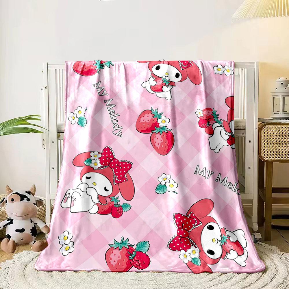 Cartoon bunny, strawberries, flowers, and  My Melody  on pink plaid. for all seasons blanket lunch break throw gift 80cm x 120cm