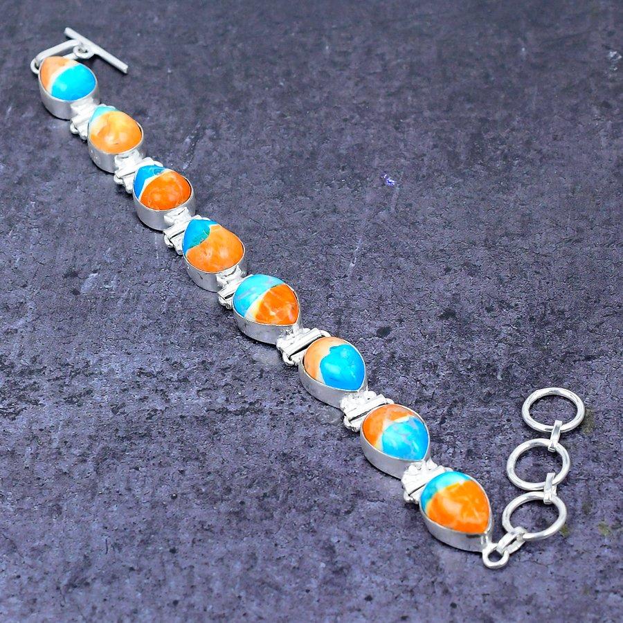 Natural Spiny Oyster Gemstone Handmade 925 Sterling Silver Bracelet 7-8" ETC-14477