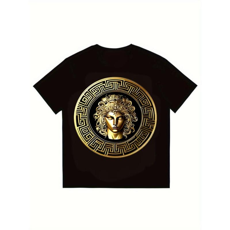 Svart T-skjorte Gullfarget Medusahode Gresk Mønstertrykk Casual Streetwear Mote Unisex Topp for Menn og Kvinner