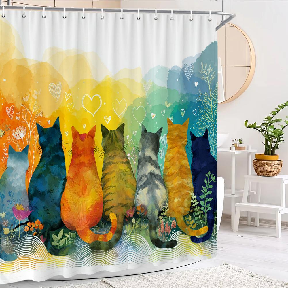 

Watercolor Colorful Kitten Shower Curtain,Bathroom Decorative Shower Curtain, Printed Fabric Home Curtain With Hooks W60H190(CM)-1 Pcs