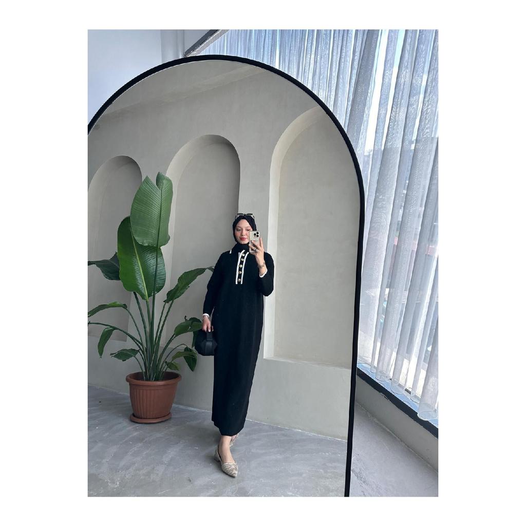 Übergroßes, geknöpftes V-Ausschnitt-Hijab-Kleid aus gerippter Strickware, geripptes langes Winterkleid in voller Länge