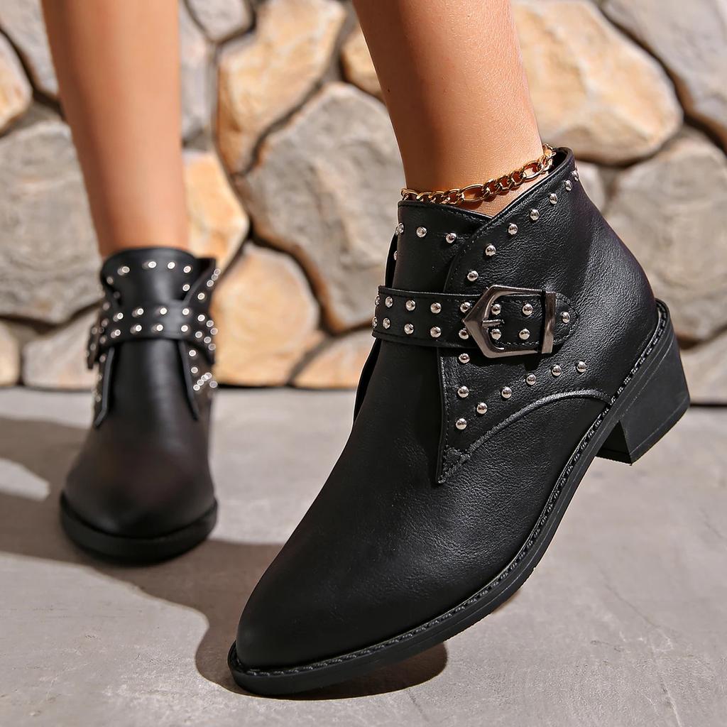 Fashion Fashion Rivet Motorcycle Boots for Women Retro Pointed Toe Thick Heeled Black Ankle Boots Woman Autumn Winter PU Leather Booties