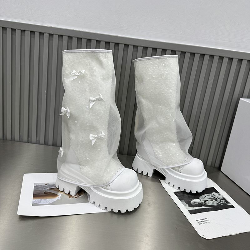 Spring 2025 New Super High Heel Thick Heel Net Boots Women's Small Hollow High Boots Breathable High Boots