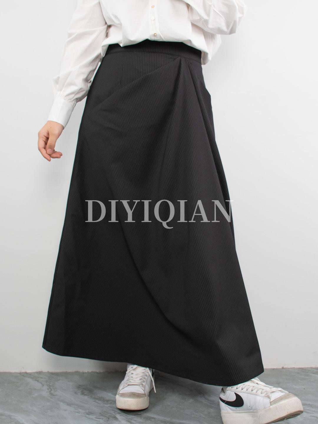 Korean High Waist Asymmetrical Pleated A-line Striped Skirt for Women Small чёрный