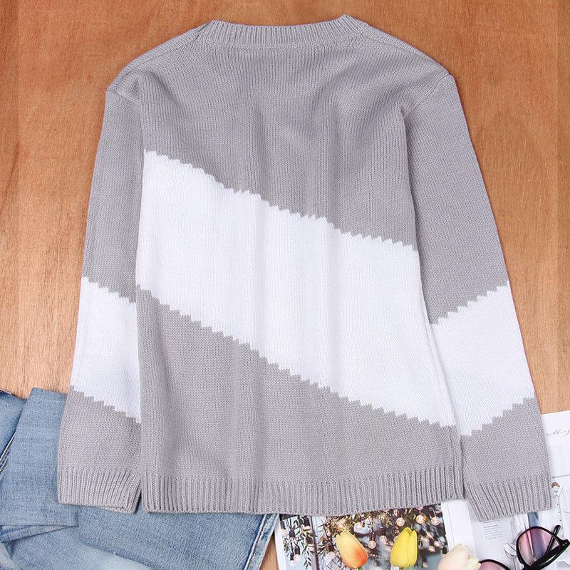 Damen Herbst- und Winter Farbblock Strickpullover mit lockerem Rundhalsausschnitt