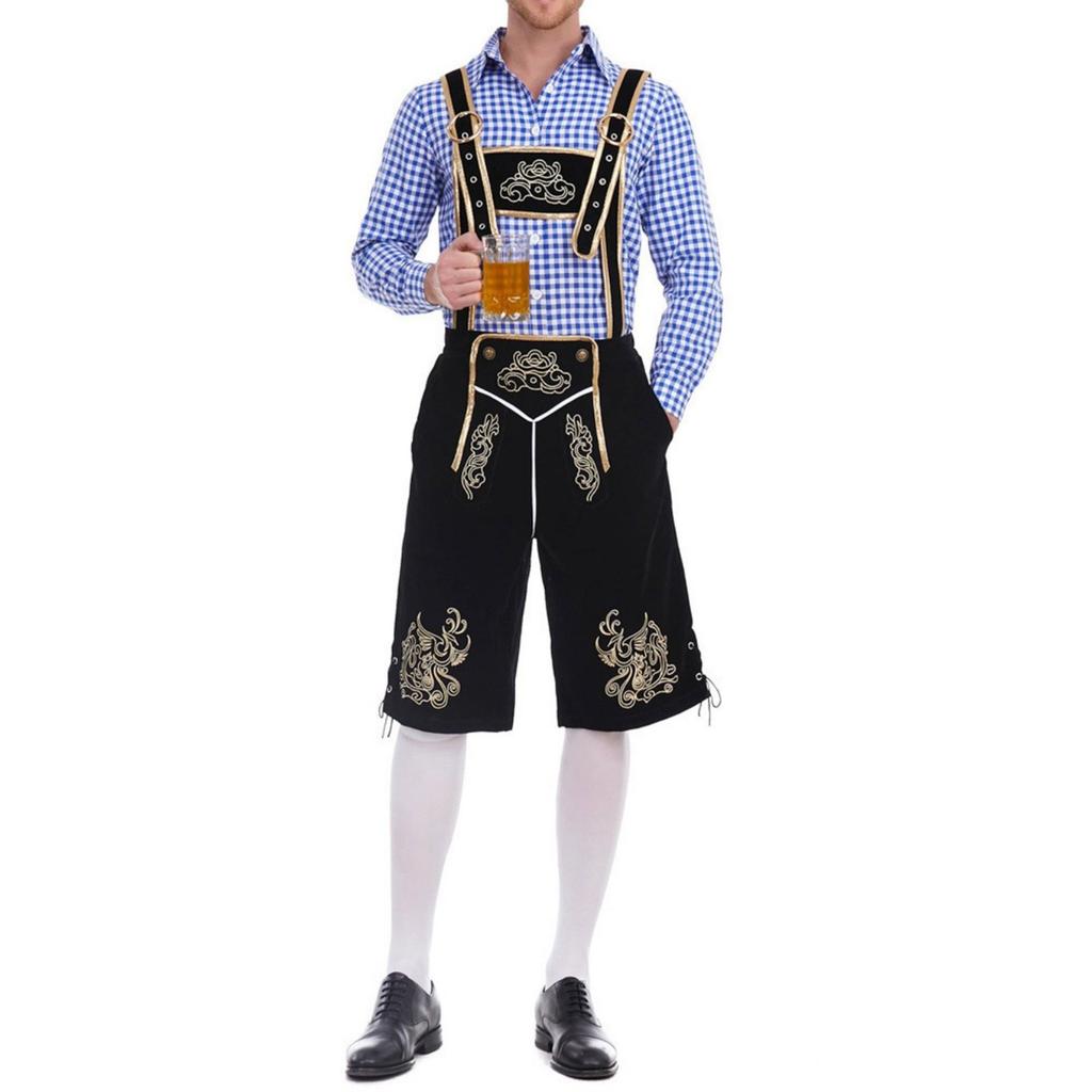 Men's Traditional Bavarian Outfit Lederhosen Set with Embroidered Suspenders and Checkered Shirt Suitable for Oktoberfest Costume Party
