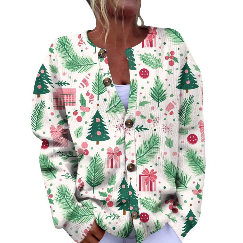 Women's Fashion Christmas Printed Long Sleeve Knitted Cardigan Button Down Jacket