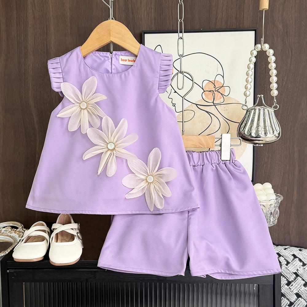 Girls Summer Tweed Outfit 3D Flower Flutter Sleeve Top And Shorts Set Chic Two Piece Clothing For Kids
