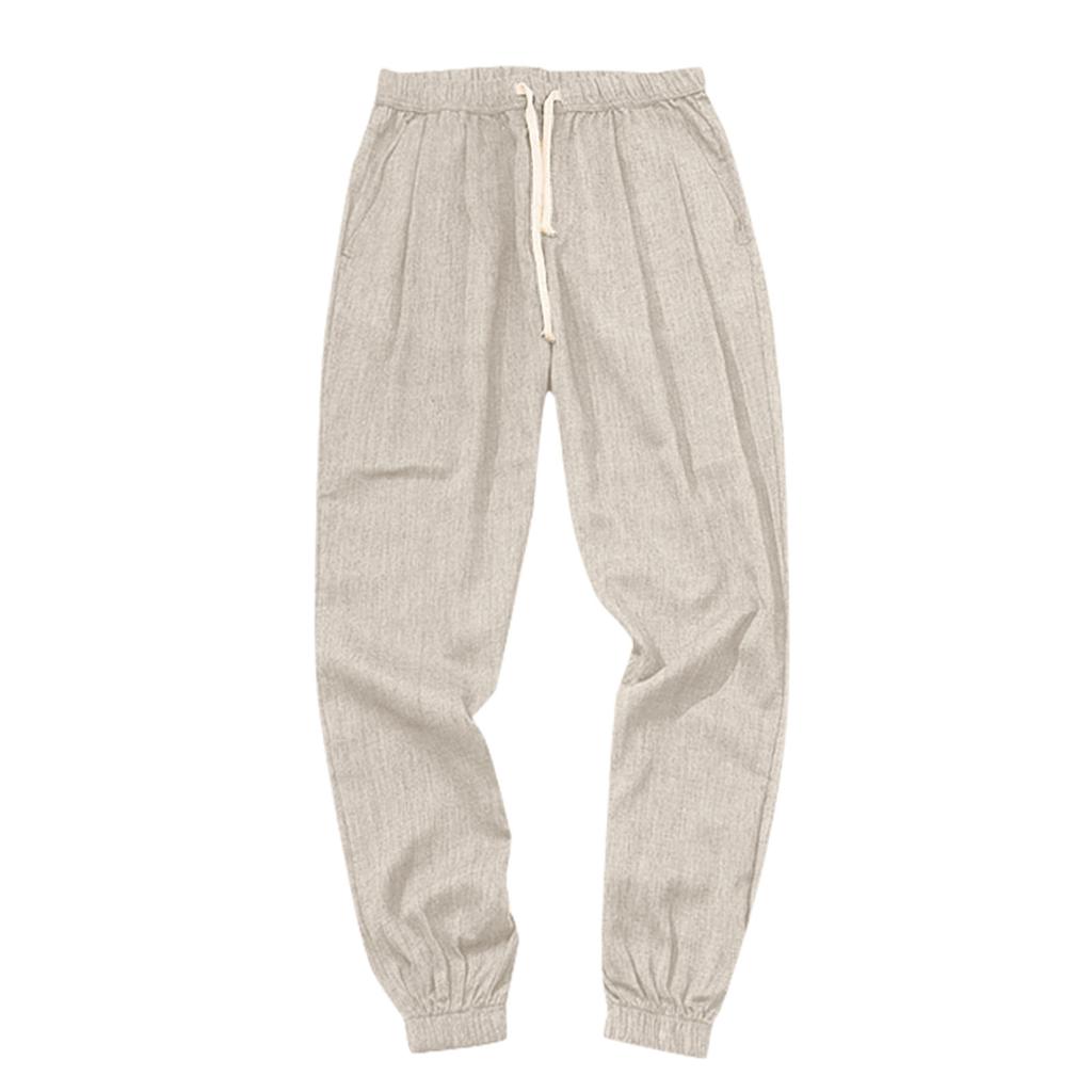 Vintage Cotton And Linen Casual Pants Men'S Solid Color Fashionable Loose Leg Pants