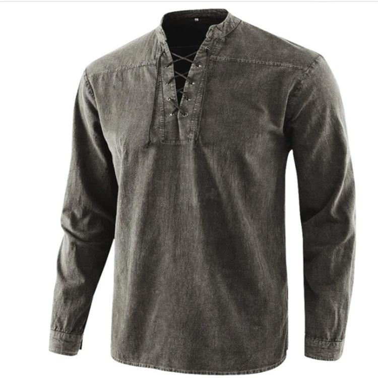 Men's Spring Solid Color Retro Durable Stand Up Collar Shirt, Youth Long Sleeved Casual Pullover Top