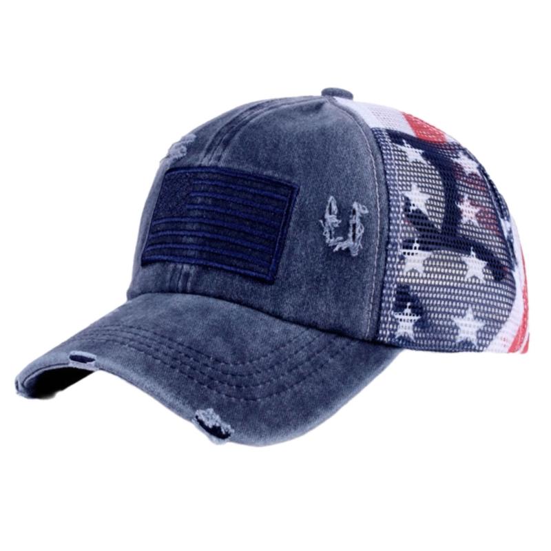 Distressed Wash Cotton Baseball Hat with Star Print Curved Brims Mesh Ponytail Sun Hat for Patriotic Women Teens Girl