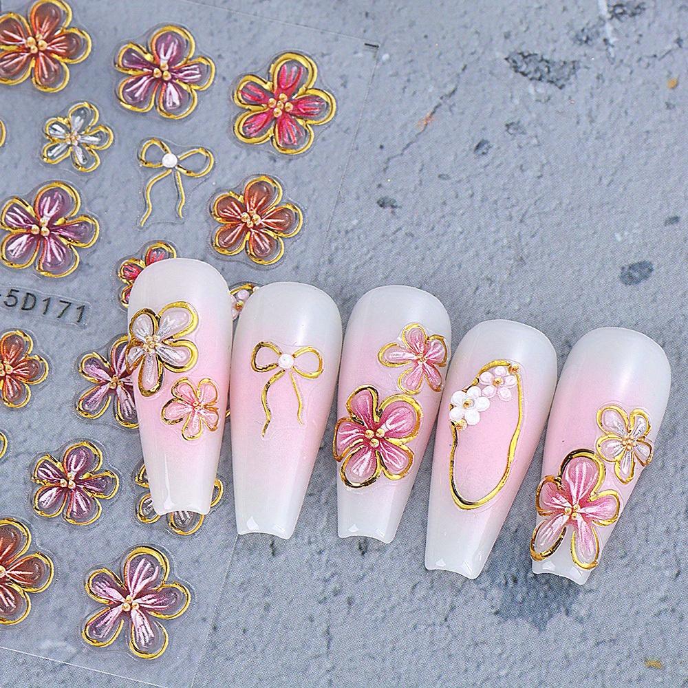 1pc 5D Embossed Floral Nail Stickers - Translucent Flower Bows Self-Adhesive Glossy Nail Art Decals for Spring Wedding Manicure, DIY Nail Decor
