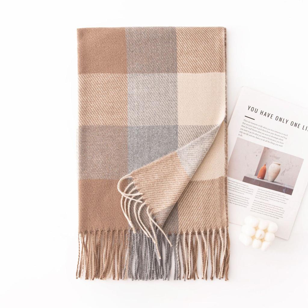 Winter New Plaid Scarf Printed Tassel Imitation Cashmere Scarf Fashionable Sweet Shawl Mid Length Thick Warm Scarf