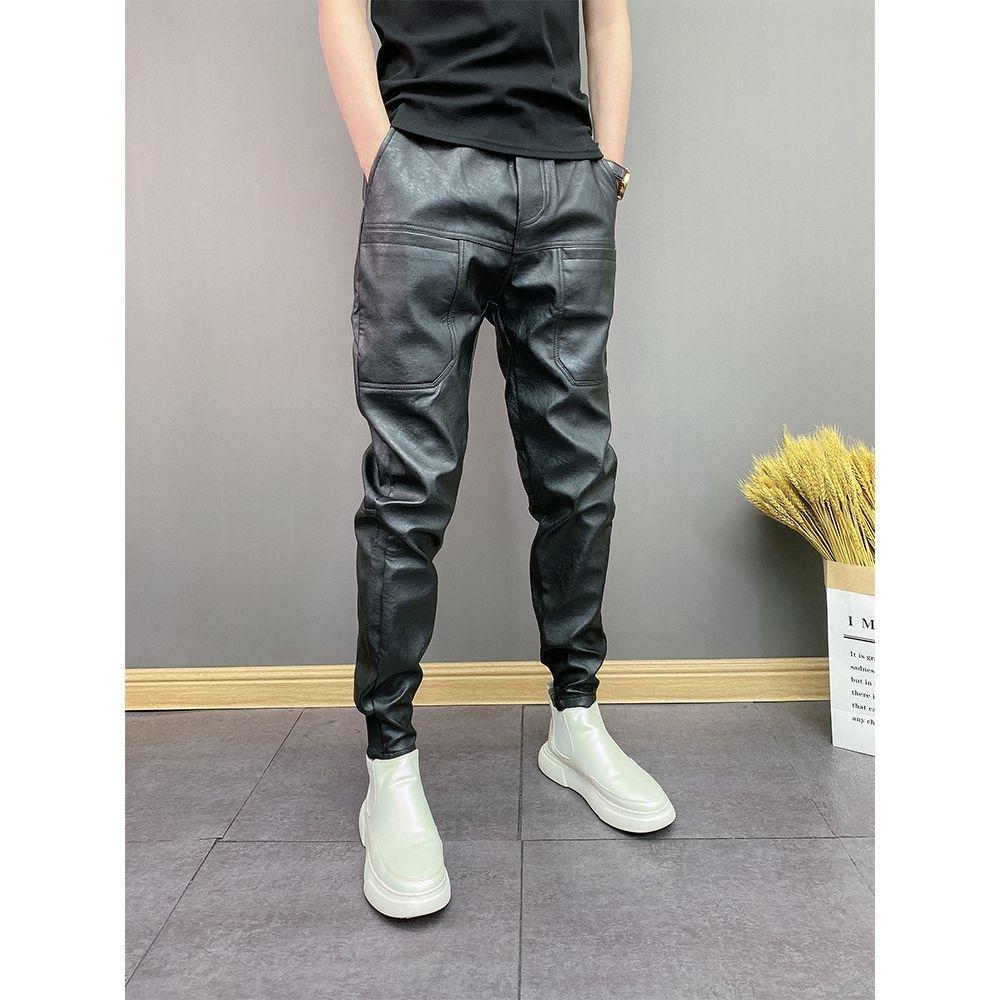 Men's Windproof & Waterproof PU Leather Pants - Trendy Korean Style, Six-Pocket, Cuffed, Solid Color Casual Trousers for Autumn & Winter.
