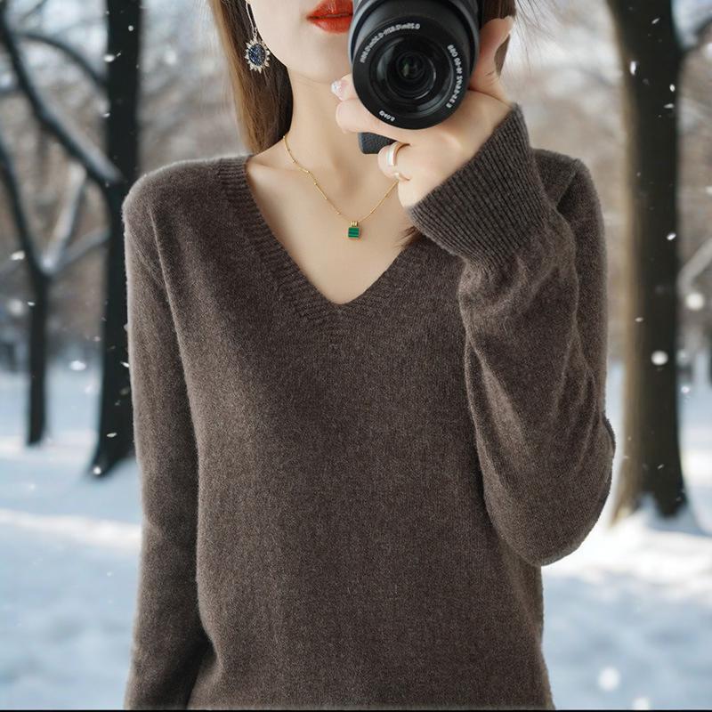 Jednobarevný pletený spodní svetr s výstřihem do V, tenký svetr, westernový styl, vnitřní vrstva