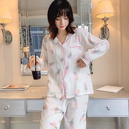Pijama Hilltop Cloud Algodón 100 Doble Gasa Ropa de Casa para Mujer Conjunto de Manga Larga Apertura Frontal Absorbente de Humedad Transpirable Agradable para la Piel Ropa de Casa