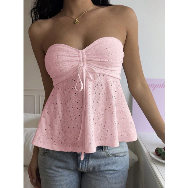 2026 Summer Hollow Out Women Tube Top New Sweet Lace-up Strapless Blouse Slim Fit Loose Sleeveless Top Solid Color Simple A-line Backless Sexy Shirts