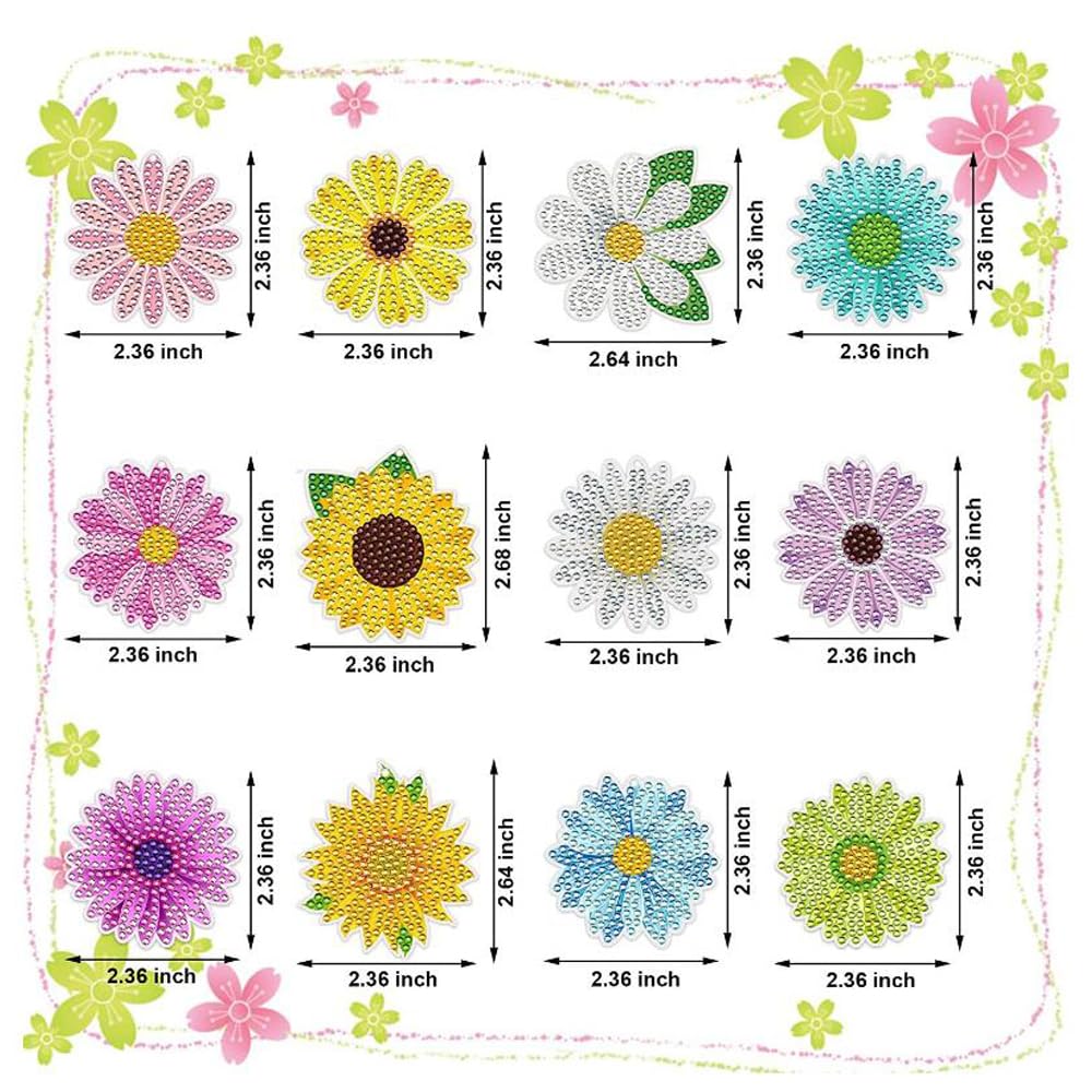 GOODCHI Daisy Diamond Art Plně lepená malba korálky Ručně vyráběné DIY řemeslné potřeby Klíčenka, Oboustranné umění, Sada 12 kusů, Sada, Roztomilý, Třpytivý, Populární,