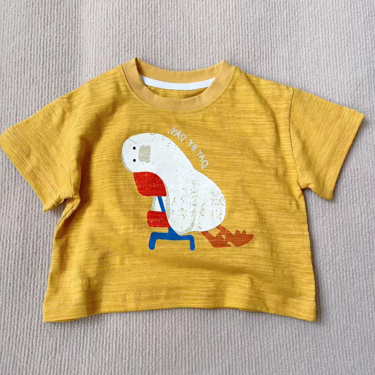 Korean Cartoon Duck Print Kids T-shirt, Summer 2026, Unisex, Round Neck, Pure Cotton, Short Sleeve, Baby Slub Cotton 90 cm жёлтый