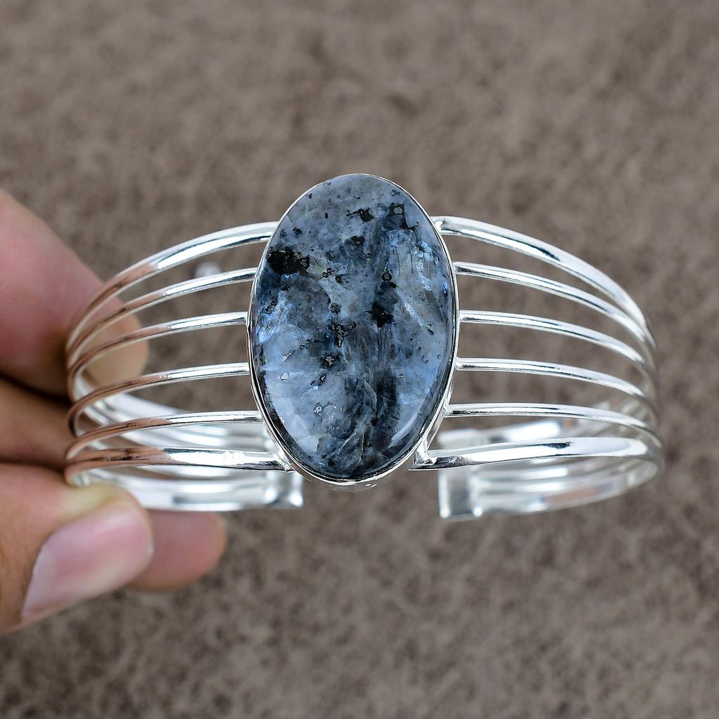 Larvikite Gemstone Handmade 925 Sterling Silver Cuff Bangle Adjustable KKG-243