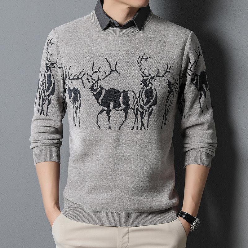 Men's autumn and winter holiday two-piece shirt collar sweater new style plus velvet and thickening men's trendy casual embroidered knitted