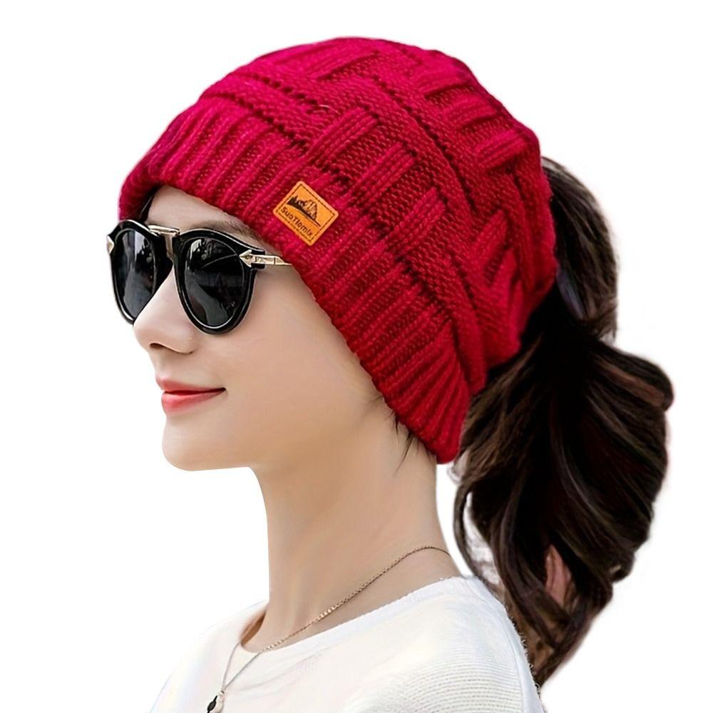 Fashion Crochet Ponytail Winter Hats Knitted Solid Color Beanies Hat Warm Ear Protection Skullies Autumn
