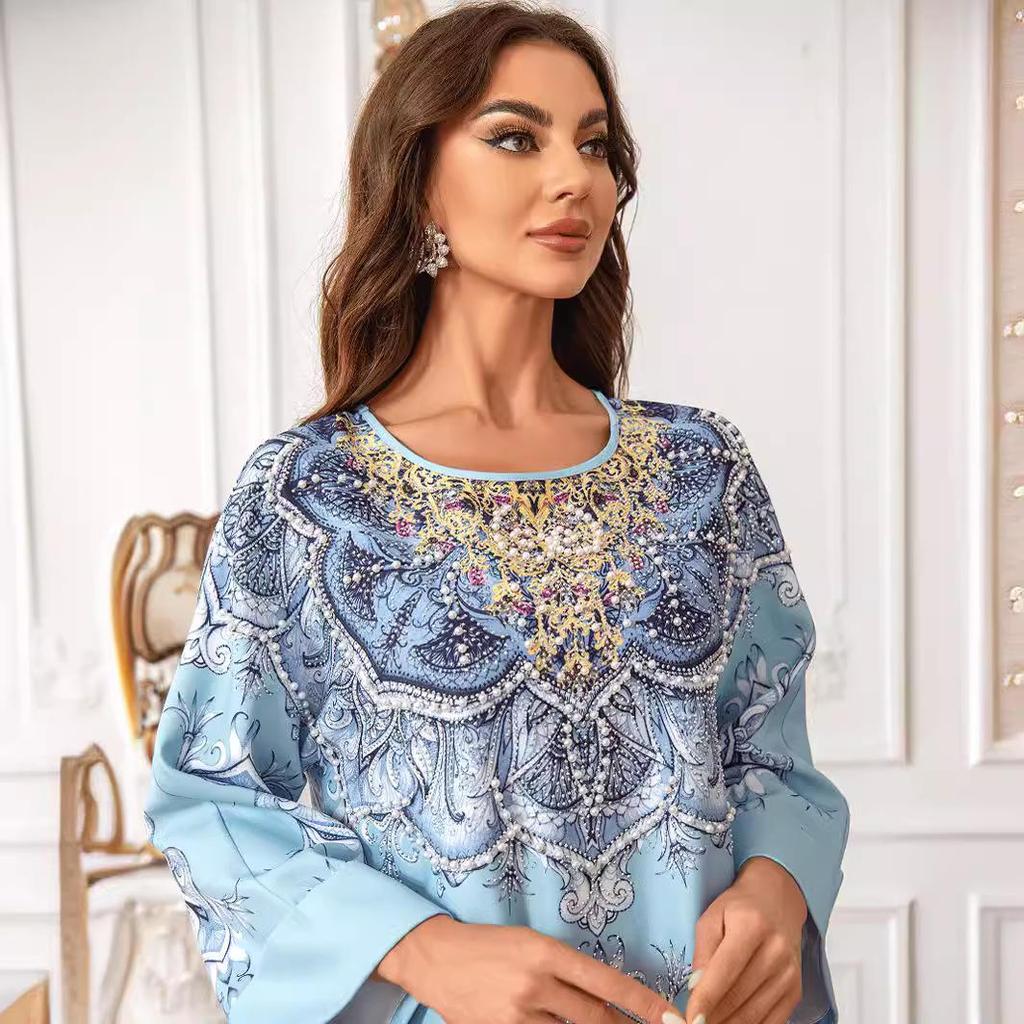 ZD024 Elegant Beaded Muslim Print Abaya Dress with Round Neck