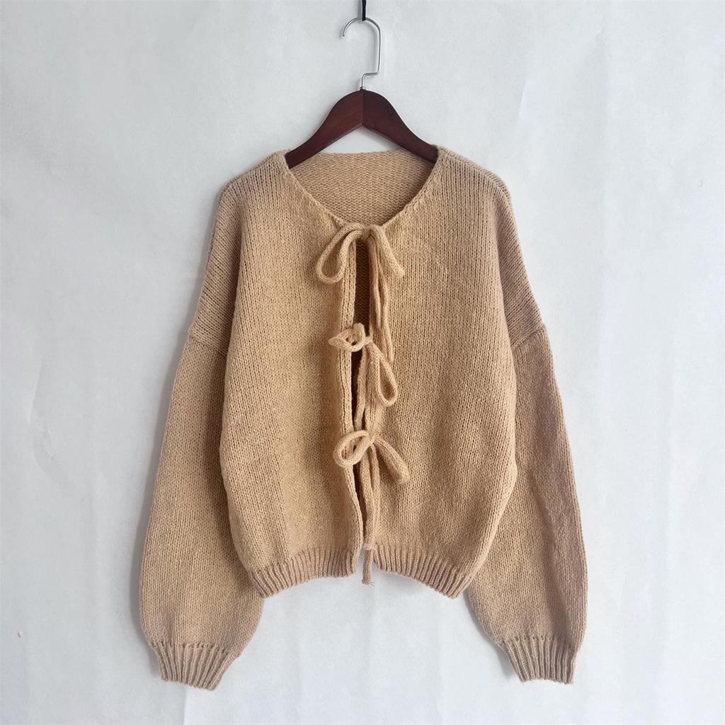Women's Classic Tie-Front Knit Cardigan - Solid Color Round Neck Sweater Casual Pullover