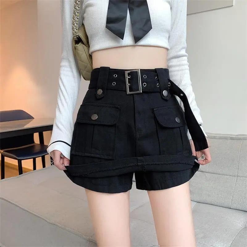 

Women s High Waist Cargo Skirt Shorts with Belt A-line Anti-exposure Mini Skirt with Pockets S чорний