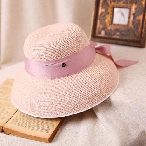Hepburn Bow Ribbon Sun Hat Women'S Straw Hat Bucket Hat Color Sunscreen Sun Hat Beach Hat