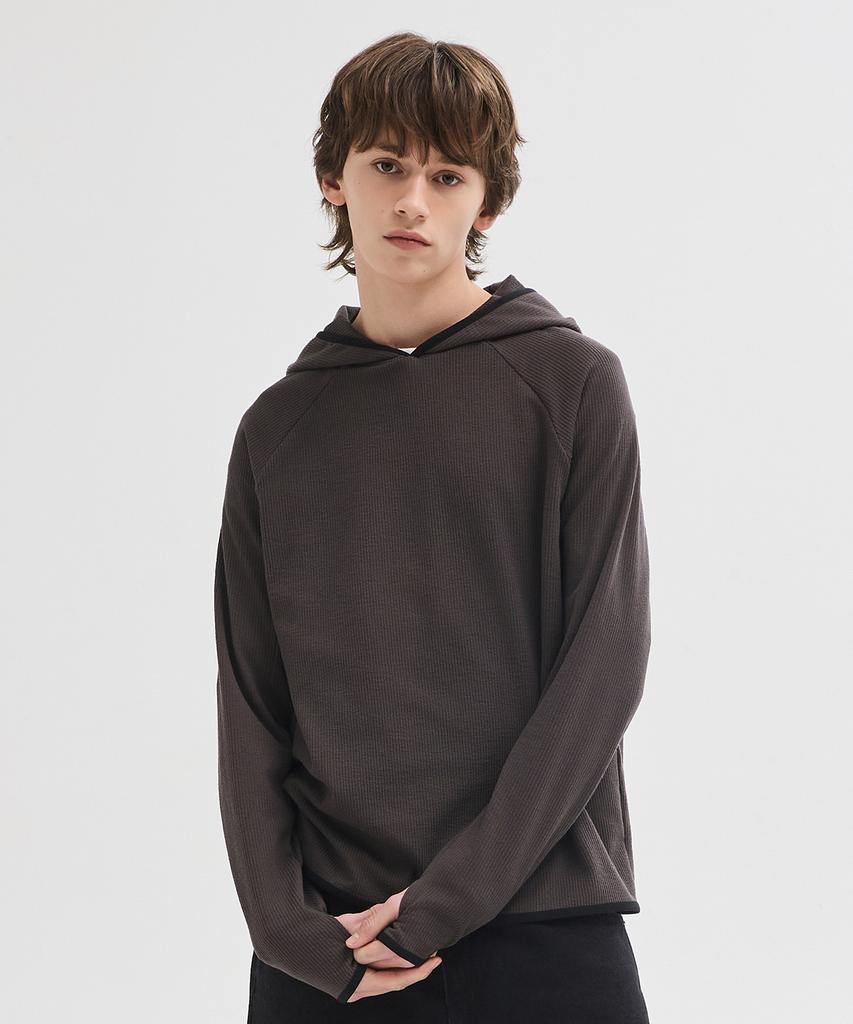 Ribbed Hooded Long Sleeve T-Shirt [Charcoal]