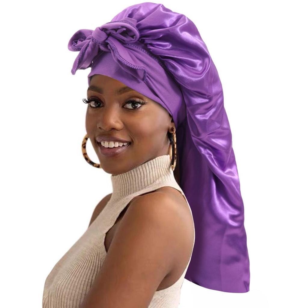 Bowknot Long Tail High Elastic Satin Sleep Cap and Bath Cap