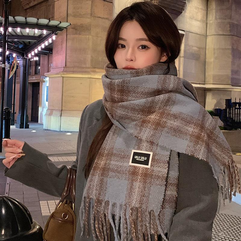 Women Plaid Print Knitted Scarf Headscarf Ladies Casual Sweet Tassel Warm Scarve Mujer Wrap Shawl Student Young Girl New Winter