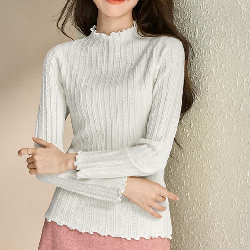 Bottom shirt women's spring and autumn inner wear new semi-turtleneck fungus edge knitted sweater medium neck long sleeve slim sweater