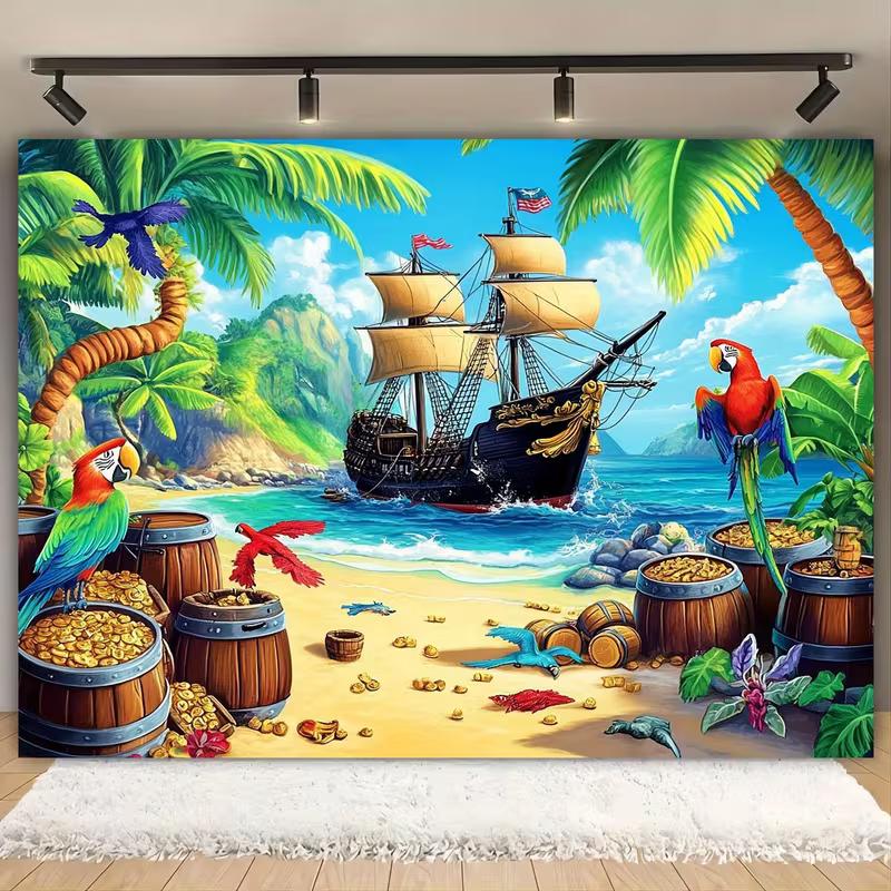 Tropical Pirate Tapestry - Beach Pirate Ship Parrot Treasure Home Decor Background