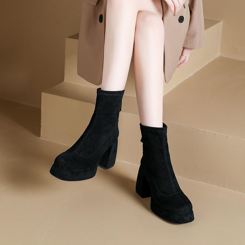 Fleece Thin Boots Women's Short Boots New Round Head Thick Heel Suede Elastic Socks Boots Waterproof Table Warm and Ankle Boots