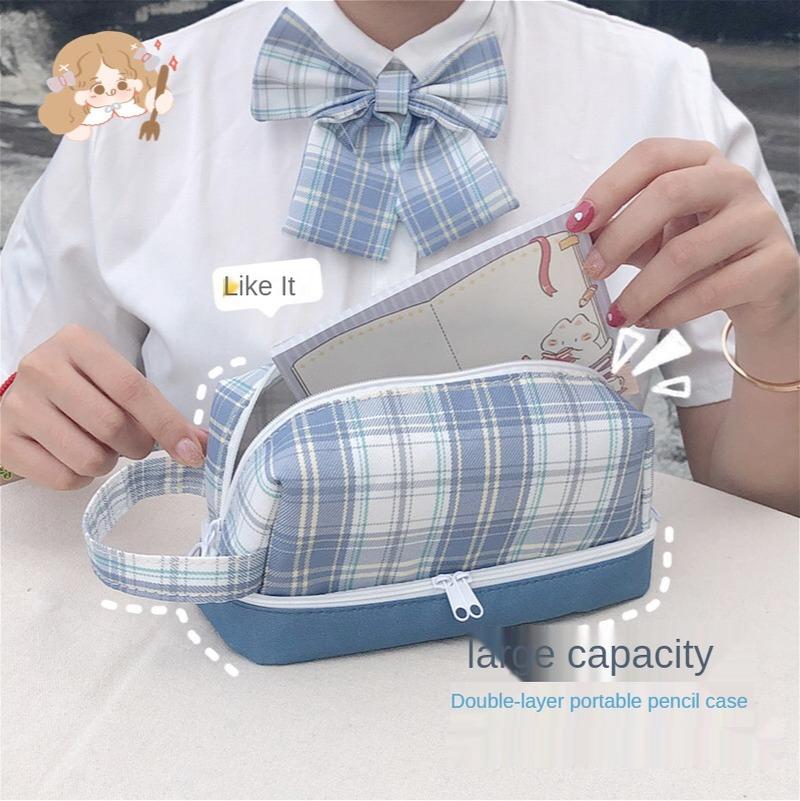Large-capacity Double-layer Pencil Case Japanese Canvas Student Girl Heart Lattice Plaid Pencil Case Cute Bow Gifts for Girls