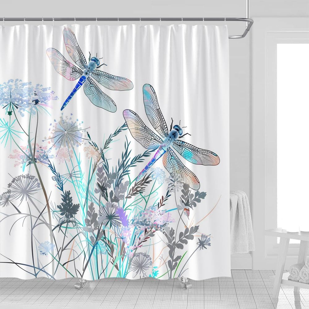 Dragonfly Floral Shower Curtain Wildflower Dragonflies Flower Blooms Branch Leaves Sage Spring Summer Botanical Vintage Abstract Fabric Bathroom