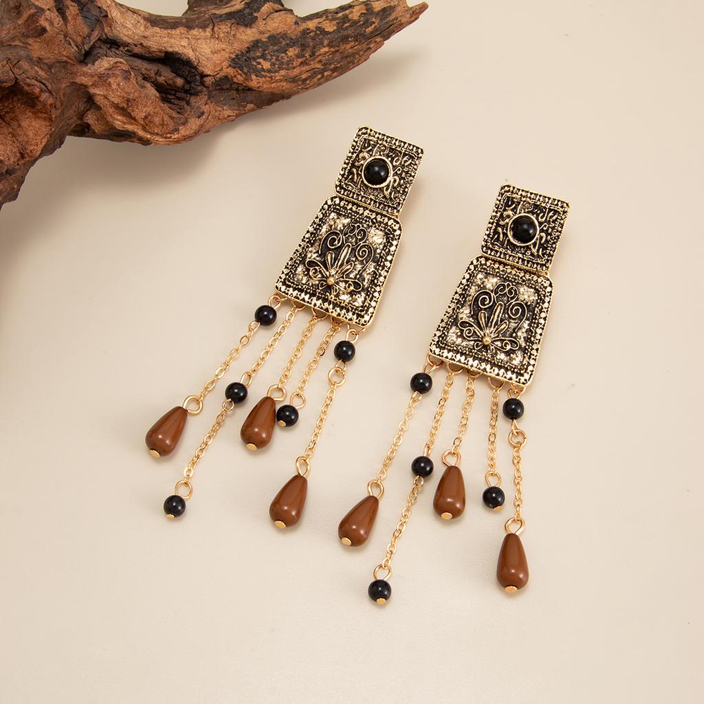 Salircon Vintage Geometric Engraved Flower Tassel Drop Earring Woman  Trendy Charm Square Metal Pendant Earring Jewelry Gift