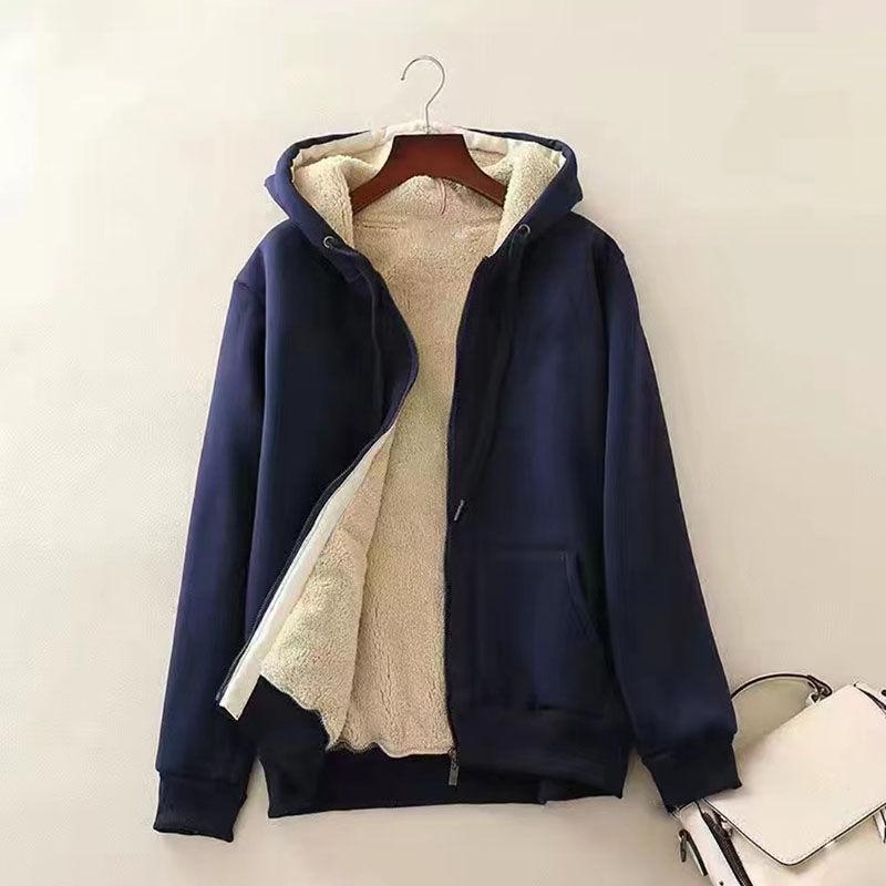 

Женская куртка с капюшоном из флиса и овечьей шерсти - Толстовка толстая, свободная, повседневная, теплая, на осень/зиму 3XL (for 145-160 jin)