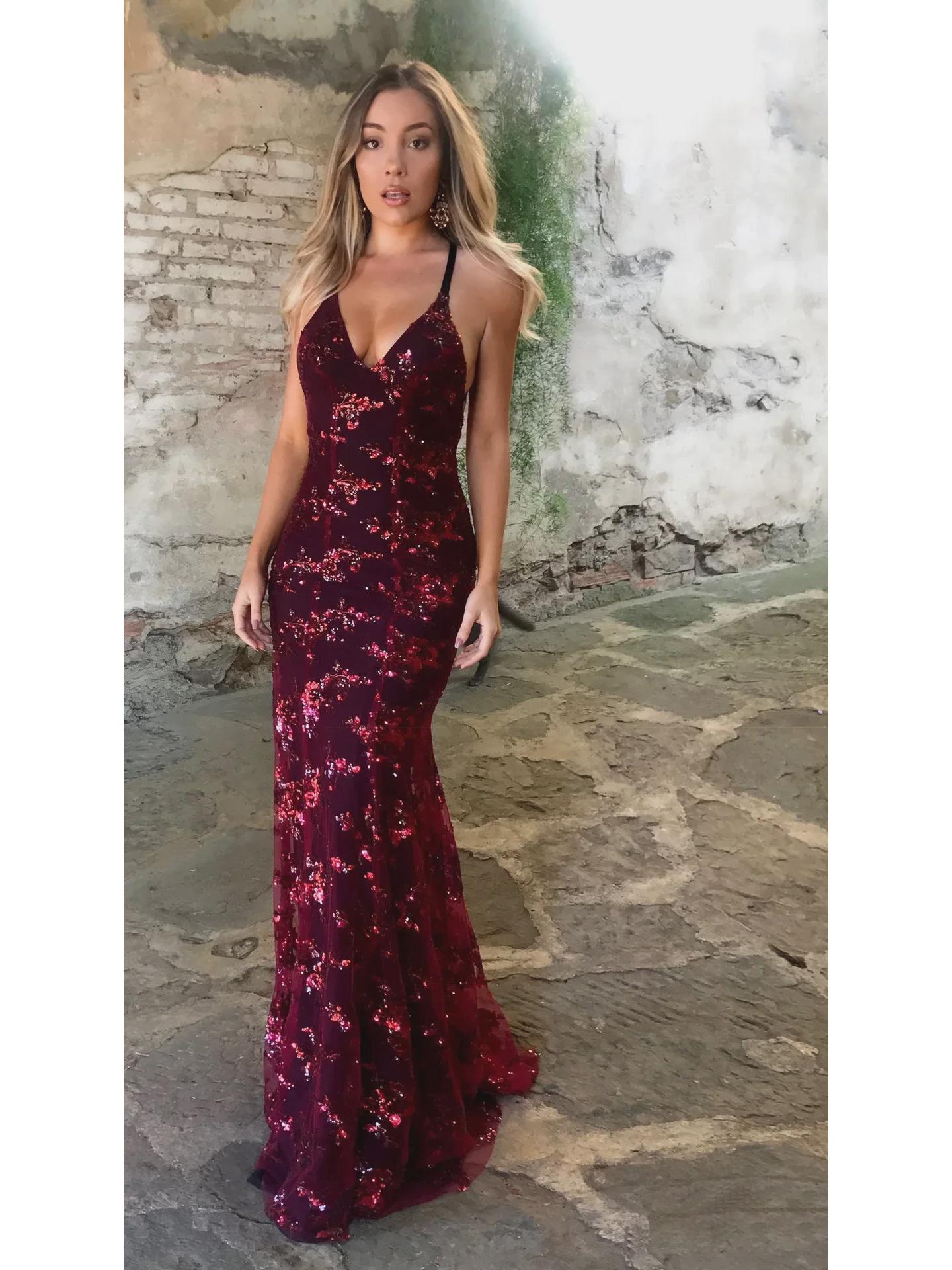 

2025 Женское европейское и американское платье на бретельках с V-образным вырезом и открытой спиной, расшитое пайетками S вино красного