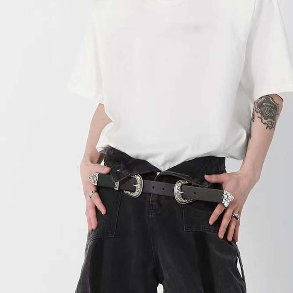 Cool Carved Buckle Belt Wide PU Vintage Waistband Versatile Double Buckle Waist Belt  Couple