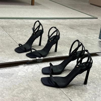 Sandales à Talons Hauts à Bout Carré pour Femmes Sexy Stiletto Dos Ouvert Noir à Boucles à Lanières Chaussures d'Été Mode Antidérapantes