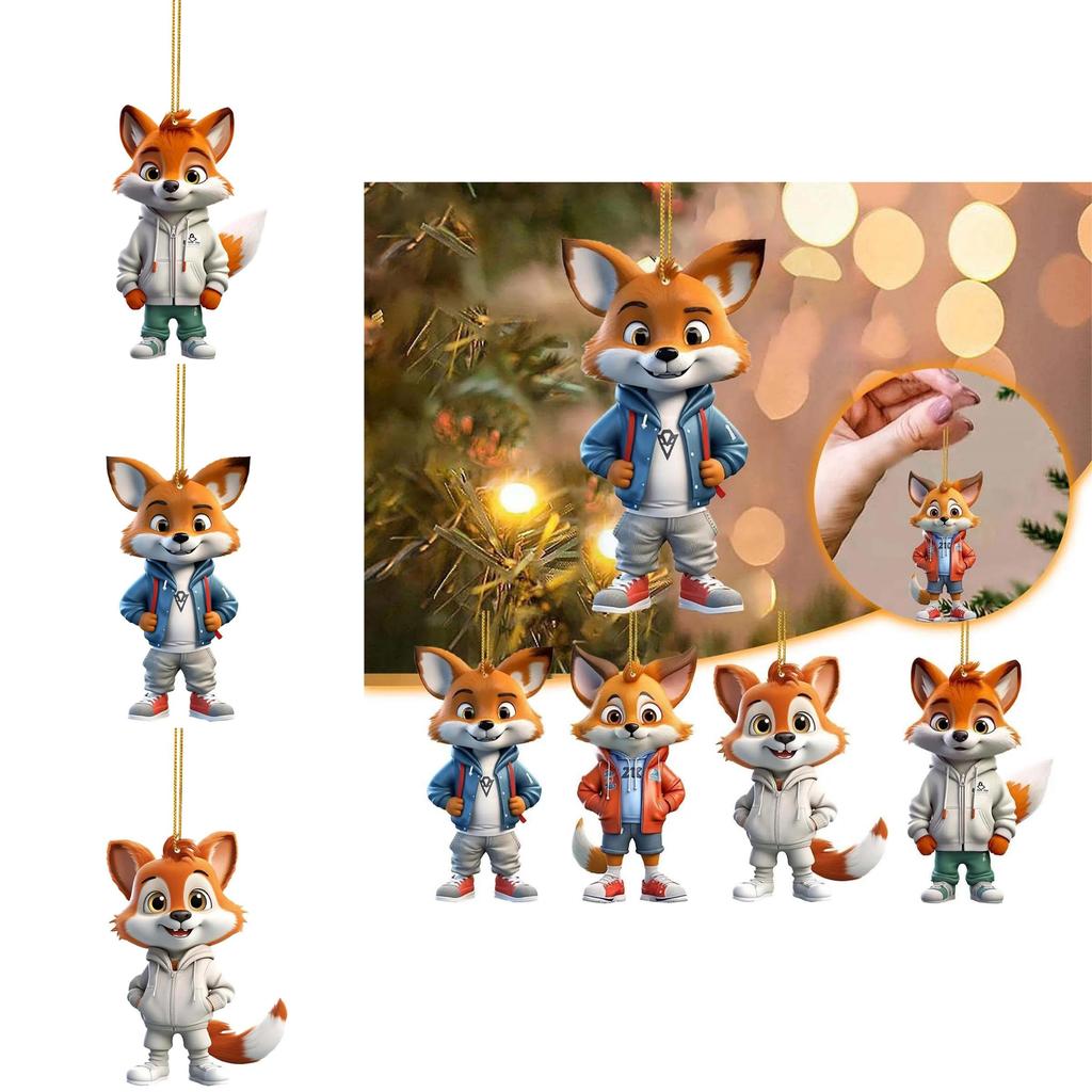 Adorable Cartoon Fox Acrylic Flat Christmas Tree Ornament For Car Interior Decoration